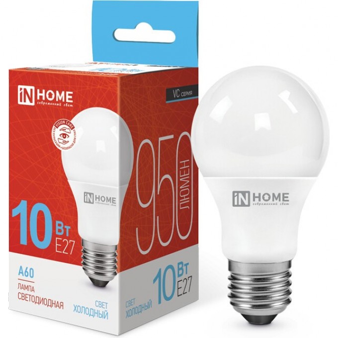 Лампа светодиодная IN HOME LED-A60-VC 10Вт 230В Е27 6500К 950Лм 4690612020228