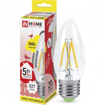 Лампа светодиодная IN HOME LED-СВЕЧА-DECO 5Вт 230В Е27 3000К 450Лм прозрачная