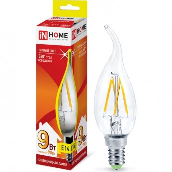 Лампа светодиодная IN HOME LED-СВЕЧА НА ВЕТРУ-DECO 9Вт 230В Е14 3000К 1040Лм прозрачная