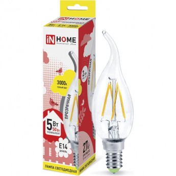 Лампа светодиодная LED-СВЕЧА НА ВЕТРУ-DECO 5Вт 230В Е14 3000К 450Лм прозрачная IN HOME