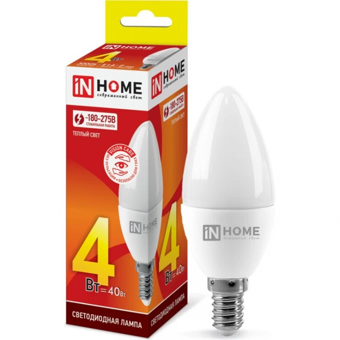 Лампа светодиодная LED-СВЕЧА-VC 4Вт 230В Е14 3000К 360Лм IN HOME 4690612030173 Лампа светодиодная LED-СВЕЧА-VC 4Вт 230В Е14 3000К 360Лм IN HOME 4690612030173