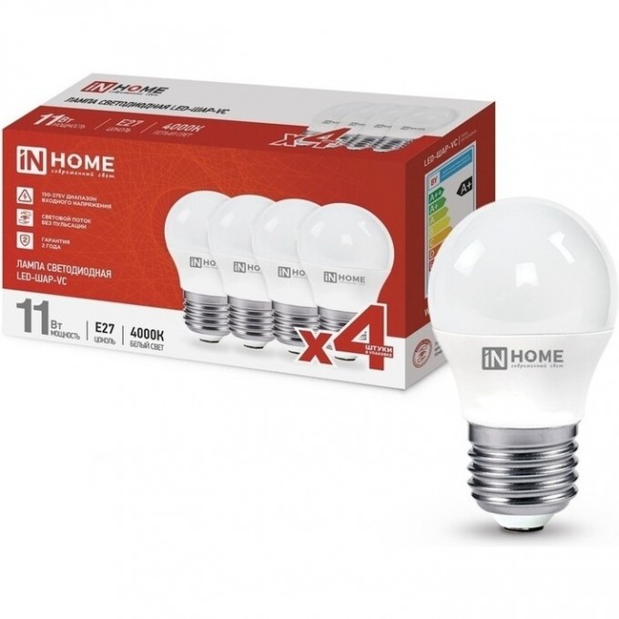 Лампа светодиодная IN HOME LED-ШАР-VC 4PACK 11Вт 230В Е27 4000К 1050Лм 4690612047881