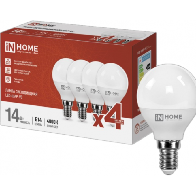 Лампа светодиодная IN HOME LED-ШАР-VC 4PACK 14Вт 230В Е14 4000К 1330Лм 4шт 4690612052359