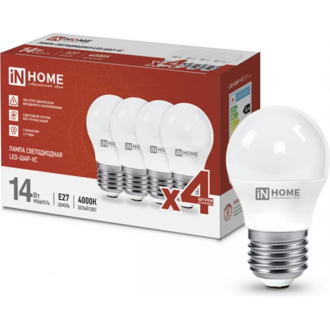 Лампа светодиодная IN HOME LED-ШАР-VC 4PACK 14Вт 230В Е27 4000К 1330Лм 4шт./упак 4690612052366 Лампа светодиодная IN HOME LED-ШАР-VC 4PACK 14Вт 230В Е27 4000К 1330Лм 4шт./упак 4690612052366