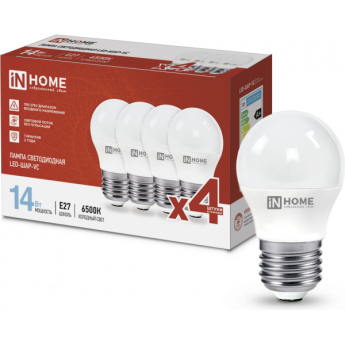 Лампа светодиодная IN HOME LED-ШАР-VC 4PACK 14Вт 230В Е27 6500К 1330Лм 4шт./упак