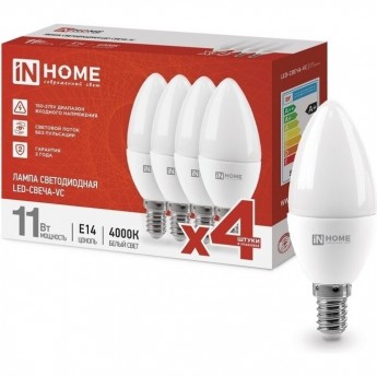 Лампа светодиодная IN HOME LED-СВЕЧА-VC 4PACK 11Вт 230В Е14 4000К 1050Лм