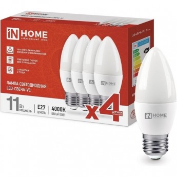 Лампа светодиодная IN HOME LED-СВЕЧА-VC 4PACK 11Вт 230В Е27 4000К 1050Лм