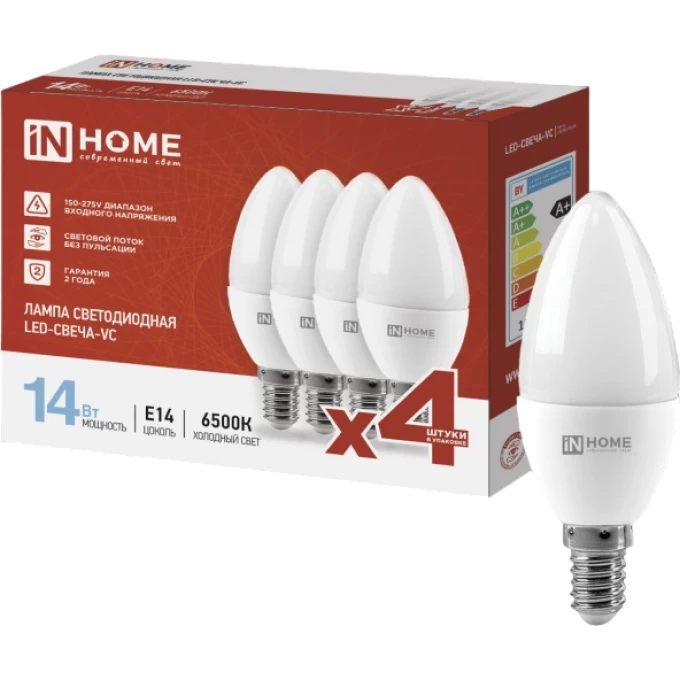 Лампа светодиодная IN HOME LED-СВЕЧА-VC 4PACK 14Вт 230В Е14 6500К 1330Лм 4шт./упак 4690612052335