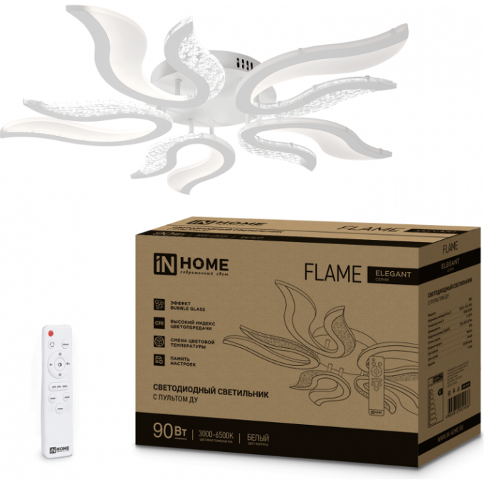 Светильник IN HOME ELEGANT FLAME 90Вт 230В 3000-6500K 7000Лм 820х802х87мм c пультом ДУ белый 4690612051536