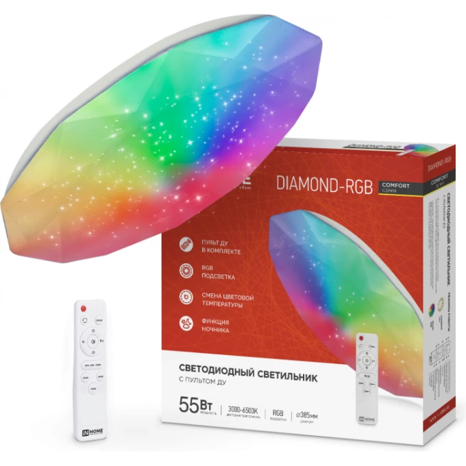 Светильник светодиодный IN HOME COMFORT DIAMOND-RGB 55Вт 230В 3000-6500K 4400Лм 385x75мм с пультом дистанционного управления 4690612044576 Светильник светодиодный IN HOME COMFORT DIAMOND-RGB 55Вт 230В 3000-6500K 4400Лм 385x75мм с пультом дистанционного управления 4690612044576