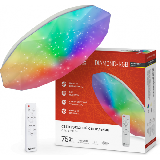 Светильник светодиодный IN HOME COMFORT DIAMOND-RGB 75Вт 230В 3000-6500K 6000Лм 500x90мм с пультом дистанционного управления 4690612044583